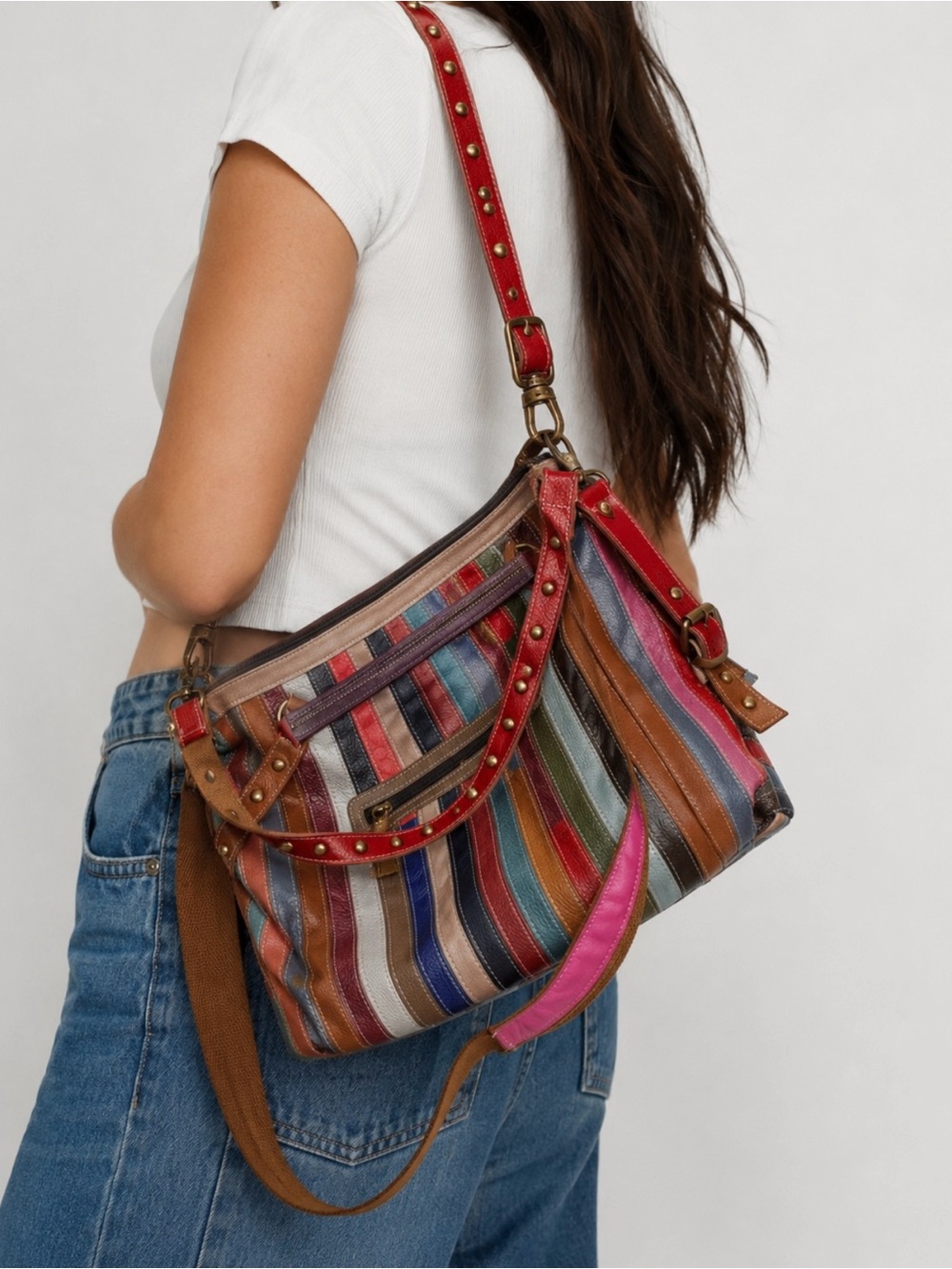 Colorful Striped Leather Shoulder Bag with Studded Strap